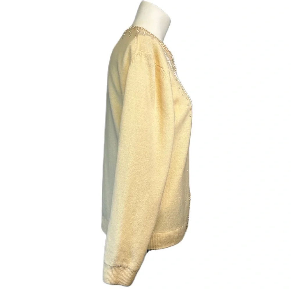 Vintage Wool Blend Cardigan Sweater Sequins Bead Embellished Ivory Grandmother - Picture 3 of 14